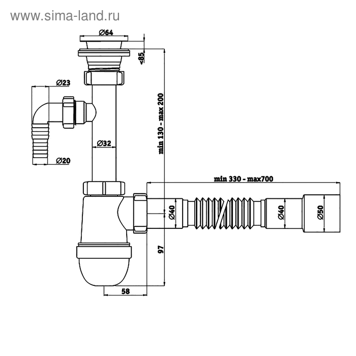 фото Комплект для раковины "ани пласт" c1315: сифон 1 1/4" , отвод стир. машины, гибкая труба