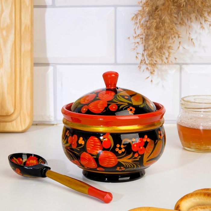 Сахарница «Ягодная», с крышкой и ложкой, 10,5×11 см, хохлома 
Сахарница «Ягодная», с крышкой и ложкой, 10,5×11 см, хохлома