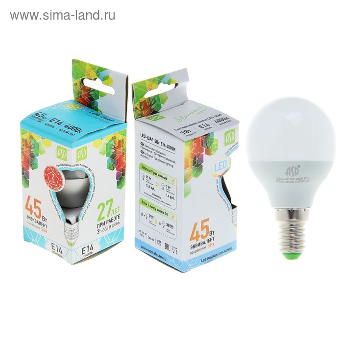 Лампа светодиодная ASD LED-ШАР-standard, Е14, 5 Вт, 230 В, 4000 К, 450 Лм 
Лампа светодиодная ASD LED-ШАР-standard, Е14, 5 Вт, 230 В, 4000 К, 450 Лм