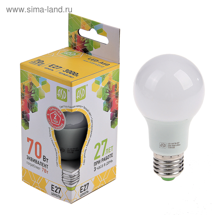 Лампа светодиодная ASD LED-A60-standard, Е27, 7 Вт, 230 В, 3000 К, 630 Лм
Лампа светодиодная ASD LED-A60-standard, Е27, 7 Вт, 230 В, 3000 К, 630 Лм