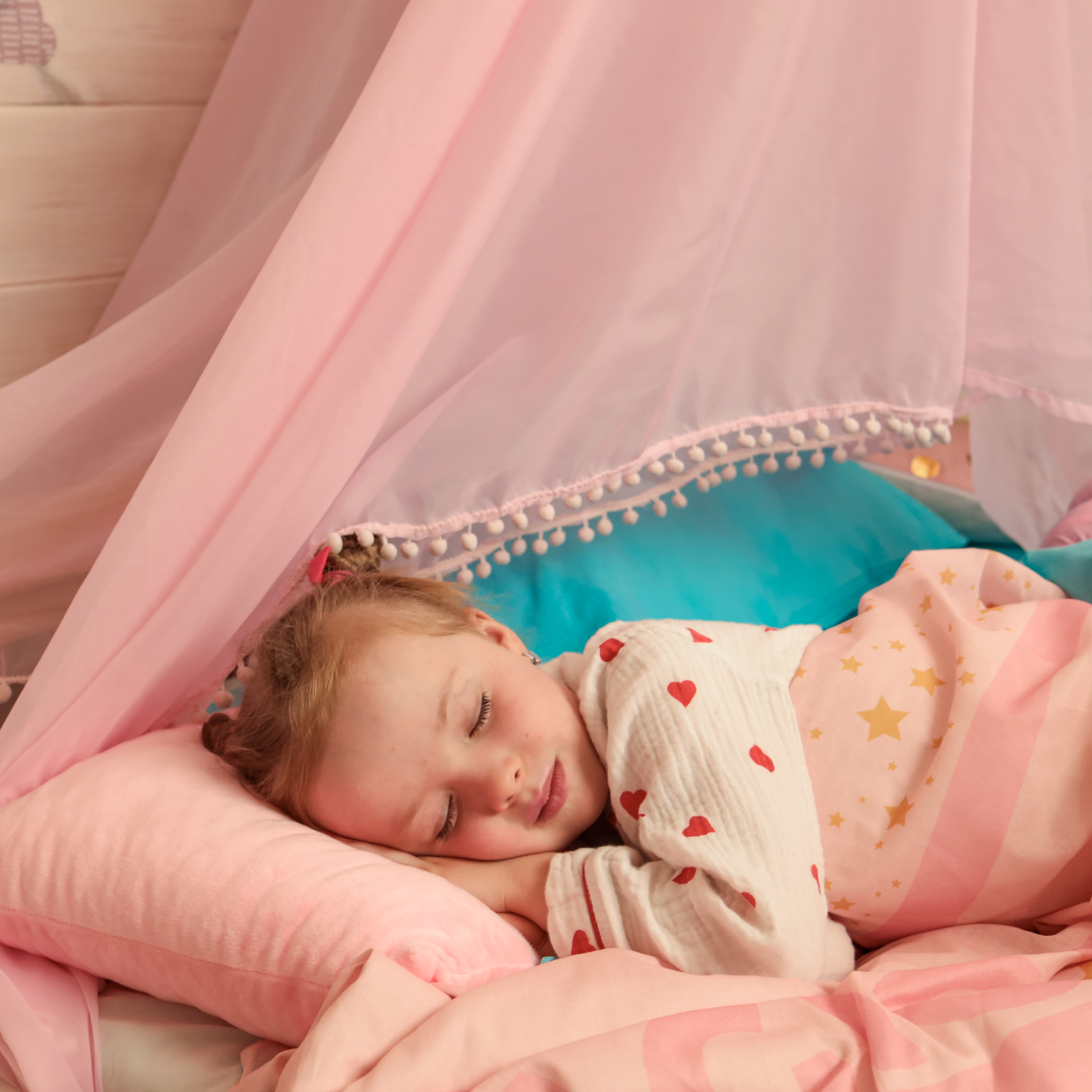 девочка с пит на кровати с розовым балдахином