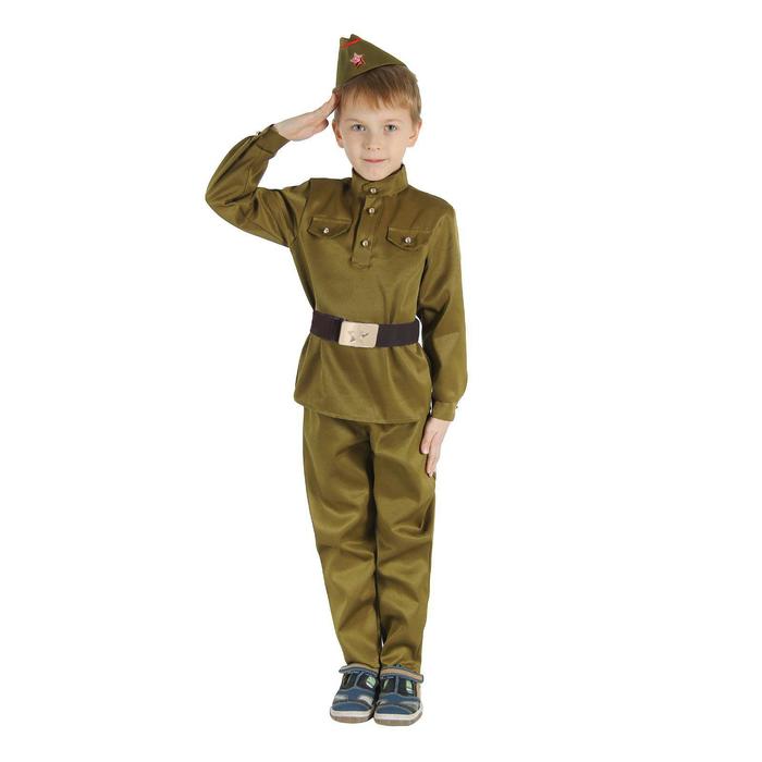 Детский карнавальный костюм "Военный", брюки, гимнастёрка, ремень, пилотка, р-р 28-32, рост 110-120 см