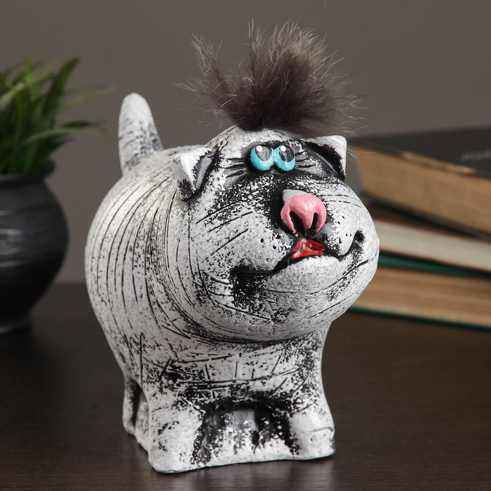 Копилка "Котик" серая, чёрные штрихи