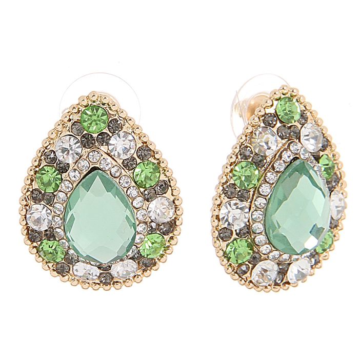 Серьги со стразами "Капля" драгоценности, цвет бело-зеленый в золоте