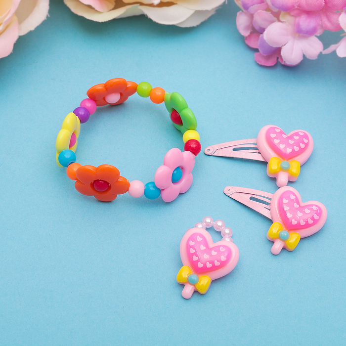 Набор детский "Выбражулька" 4 предмета: 2 заколки, браслет, кольцо "Цветы и мишки", цвет МИКС, форма МИКС