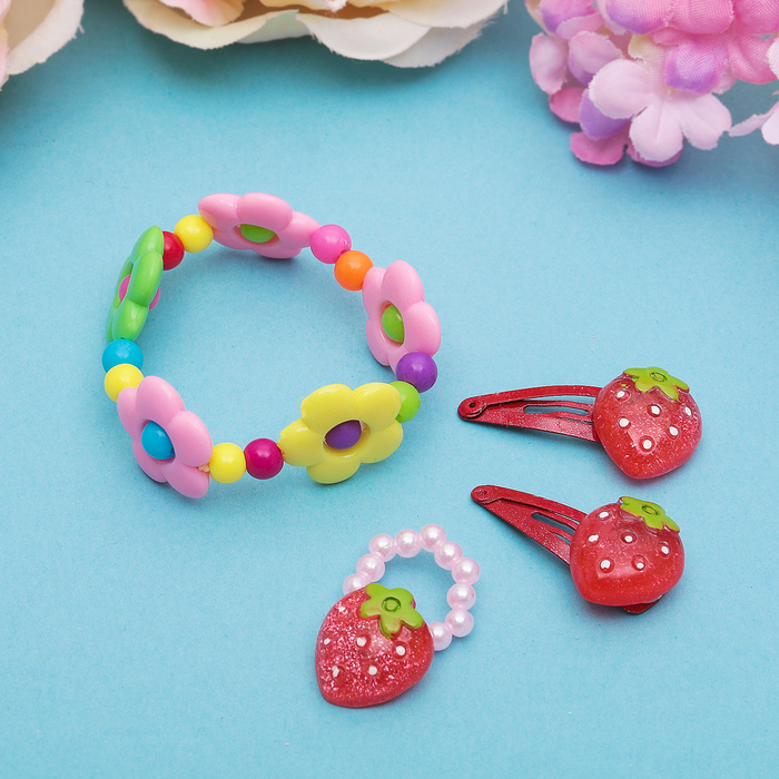 Набор детский "Выбражулька" 4 предмета: 2 заколки, браслет, кольцо "Цветы и мишки", цвет МИКС, форма МИКС