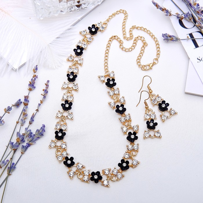 Набор 2 предмета: серьги, колье "Цветочки" цвет черный в золоте