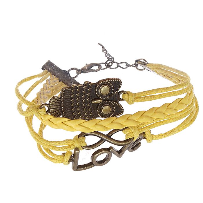 Браслет кожа "Совушка и бесконечность" 5 нитей, цвет желтый