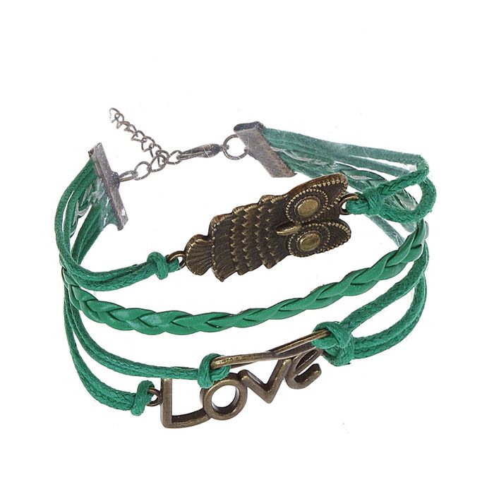 Браслет кожа "Совушка и бесконечность" 5 нитей, цвет тёмно-зелёный