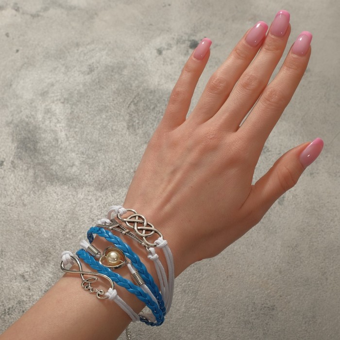 Браслет кожа "Париж", 6 нитей, цвет голубо-белый