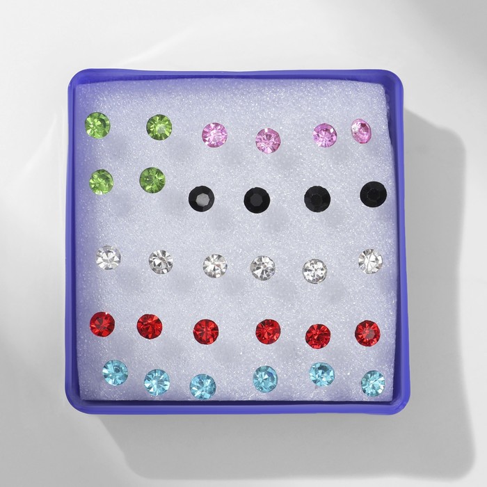 Пусеты в коробочке 15 пар "Стразинка" на пластиковой ножке, цвет МИКС, d=0,16см