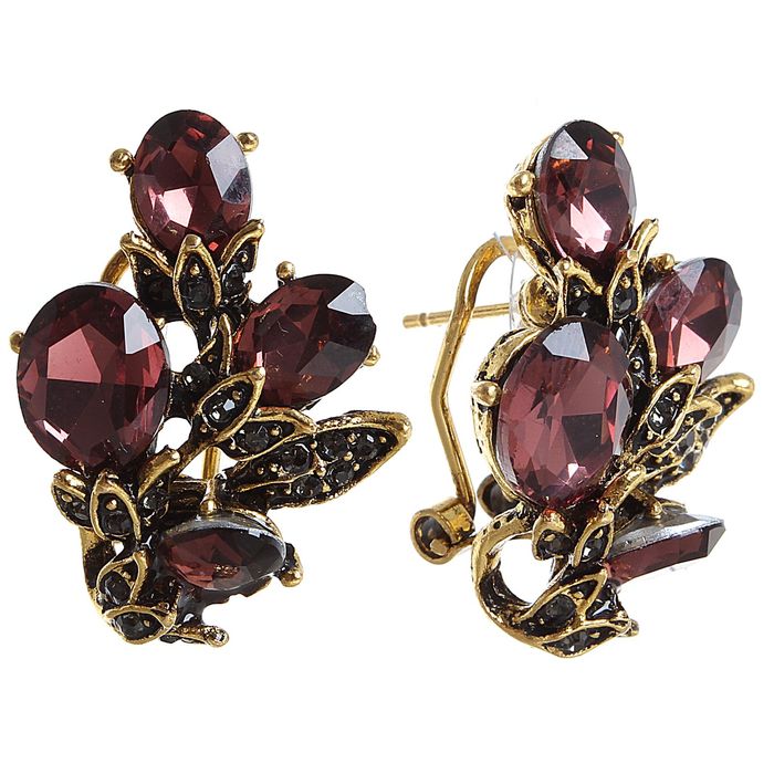 Серьги со стразами "Цветочные бутоны", цвет сливовый в золоте