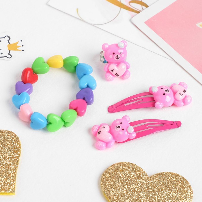 Набор детский "Выбражулька" 4 предмета: 2 заколки, браслет, кольцо "Сердечки", форма МИКС, цвет МИКС