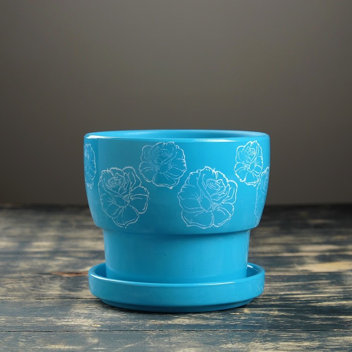 Кашпо "Белые розы" голубое 1,24 л