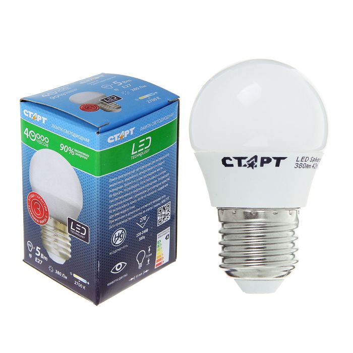 Лампа светодиодная "Старт", E27, 5 Вт, 2700 К, тёплый свет