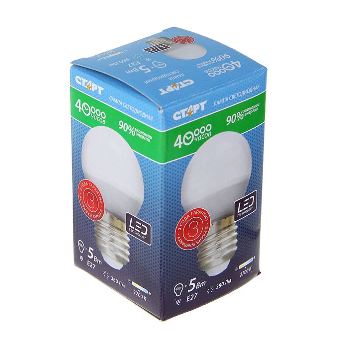 Лампа светодиодная "Старт", E27, 5 Вт, 2700 К, тёплый свет