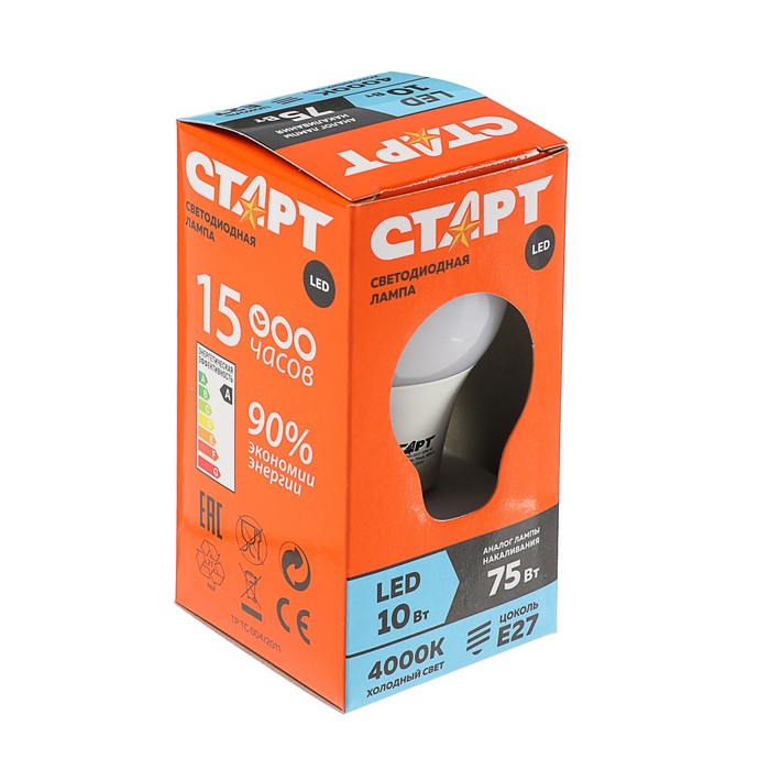 Лампа светодиодная "Старт", E27, 10 Вт, 4000 К, холодный свет