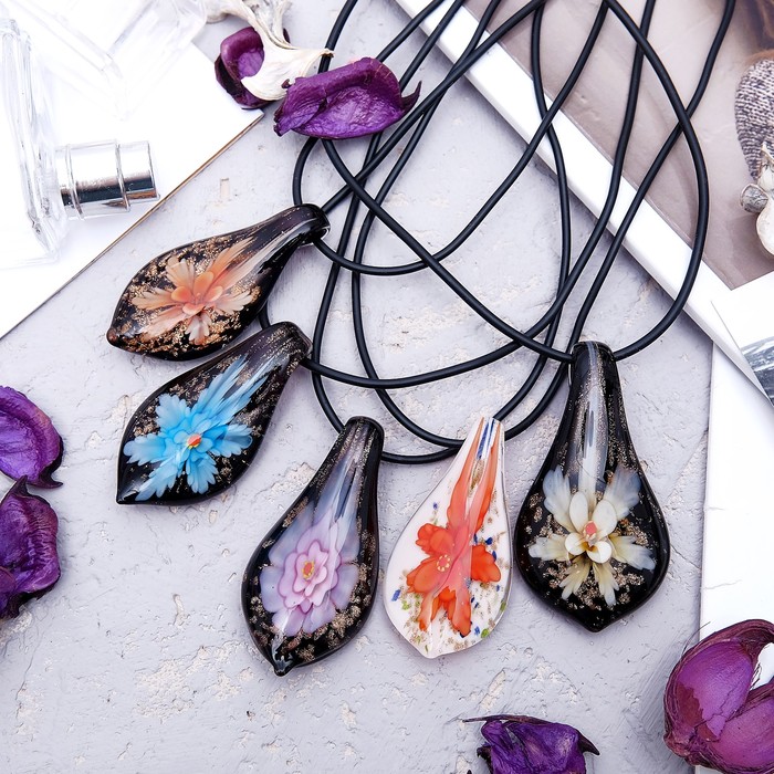 Кулон "Муранское стекло" натурель, капля, рисунок МИКС