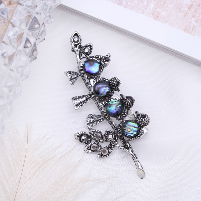 Брошь "Галиотис" птички на веточке в чернёном серебре