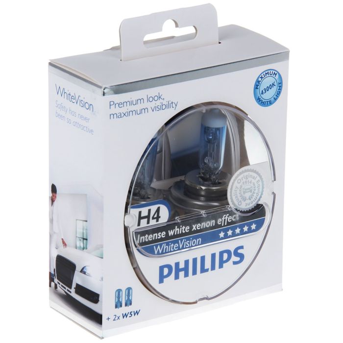 Лампа автомобильная Philips White Vision, H4, 12 В, 60/55 Вт, набор 2 шт.