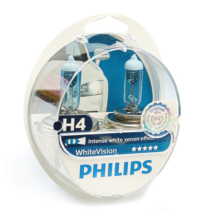 Лампа автомобильная Philips White Vision, H4, 12 В, 60/55 Вт, набор 2 шт.
