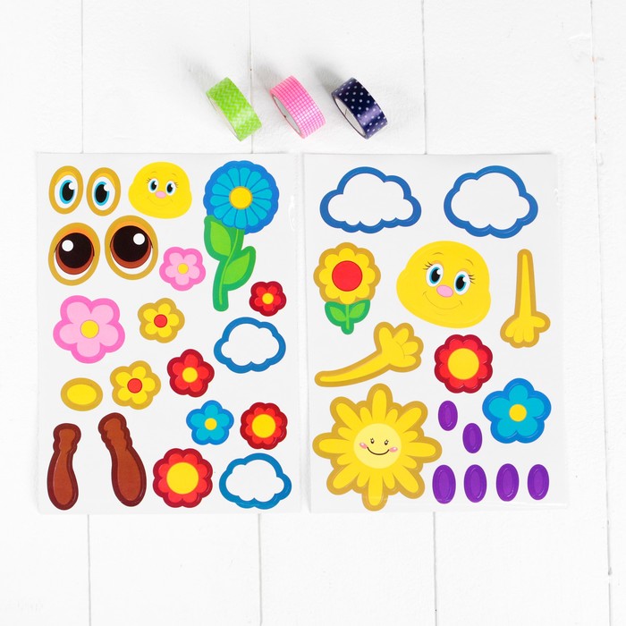 Аппликация клейкой лентой "Цветы и бабочки" 4 картинки + наклейки + цветная клейкая лента