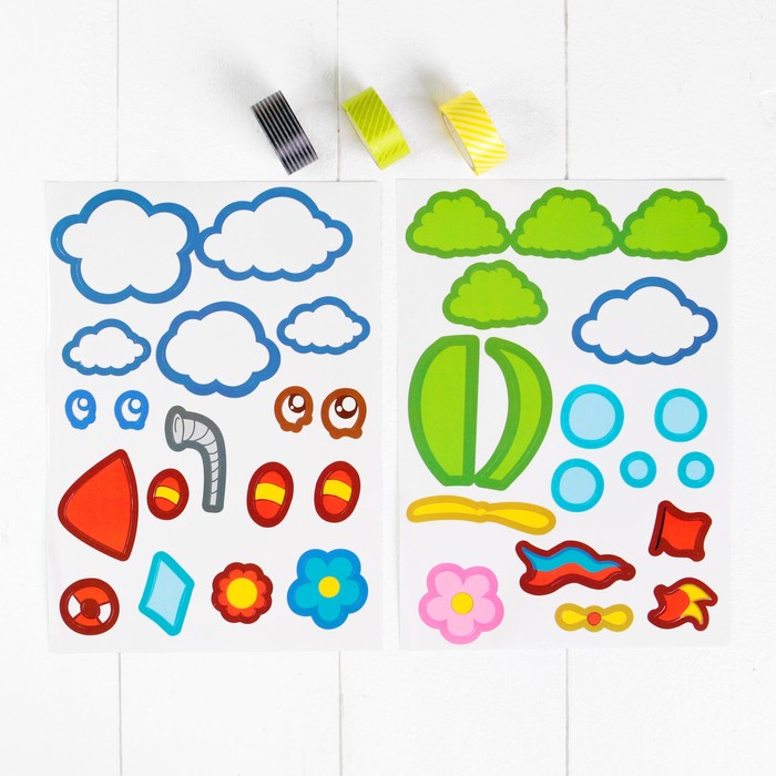 Аппликация клейкой лентой "По волнам" 4 картинки + наклейки + цветная клейкая лента