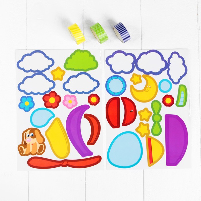 Аппликация клейкой лентой "Воздушное путешествие" 4 картинки + наклейки + цветная клейкая лента