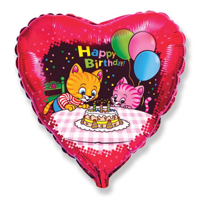 Шар фольгированный 18" Happy Birthday "Котята с тортом", сердце