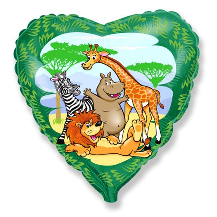 Шар фольгированный Сердце 18" Животные в джунглях ФМ