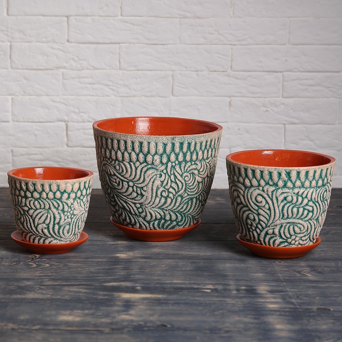 Набор кашпо 3 шт. "Хохлома" лагуна 3 л/ 2 л/ 1 л