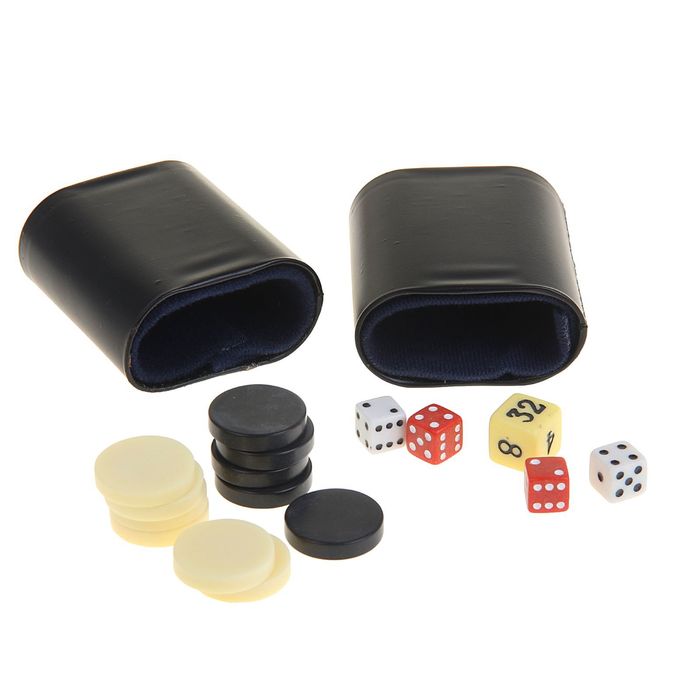Нарды, набор: 5 кубиков, 32 фишки, в чемодане