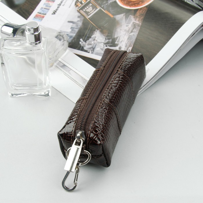 Ключница на молнии, кольцо, крокодил, цвет коричневый