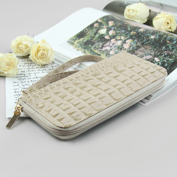 Кошелёк женский на молнии, 3 отдела, отдел для монет, бежевый кайман