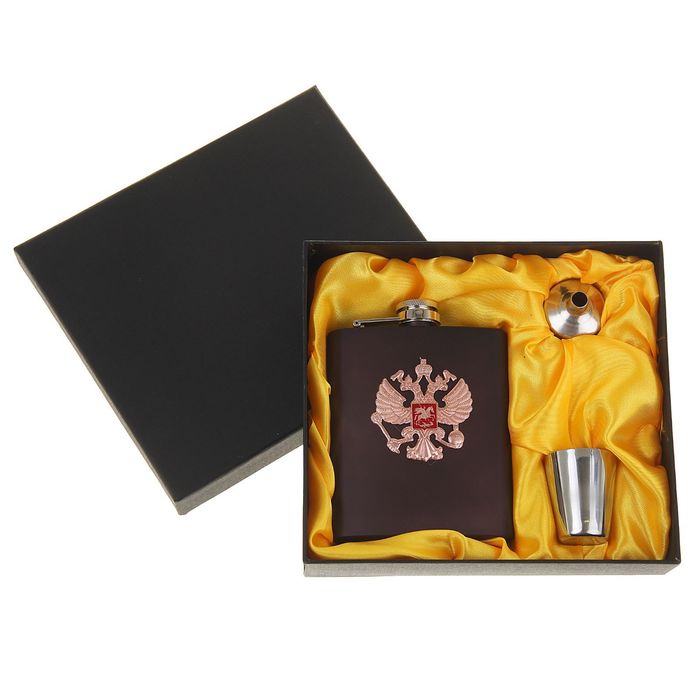 Подарочный набор 3 в 1 "Двуглавый орёл", бордовый: фляжка 210 мл + рюмка и воронка