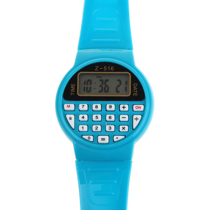 Часы наручные жен. электронные, с силик/ремешком, циферблат круг голубые с калькулятором 22*1,5*4 см