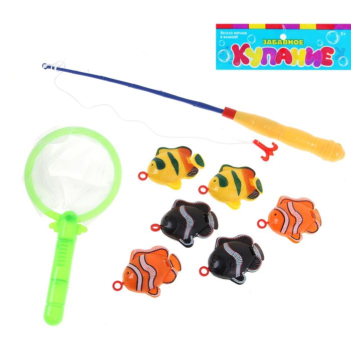 Рыбалка "Весёлые рыбки" 8 предметов: 1 удочка (дл.26см), 1 сачок, 6 рыбок