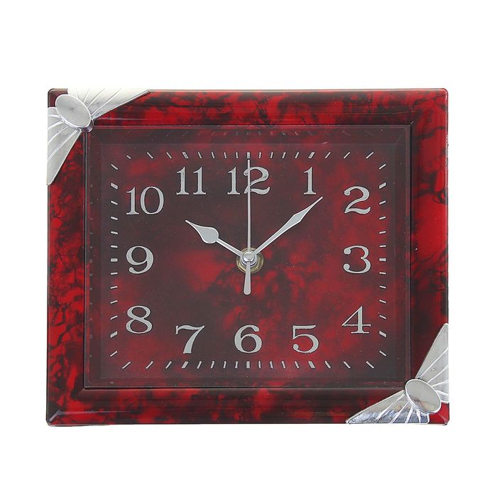 Часы настенные прямоугольные "Дженна", углы-бантики хром, рама и циферблат бордовые