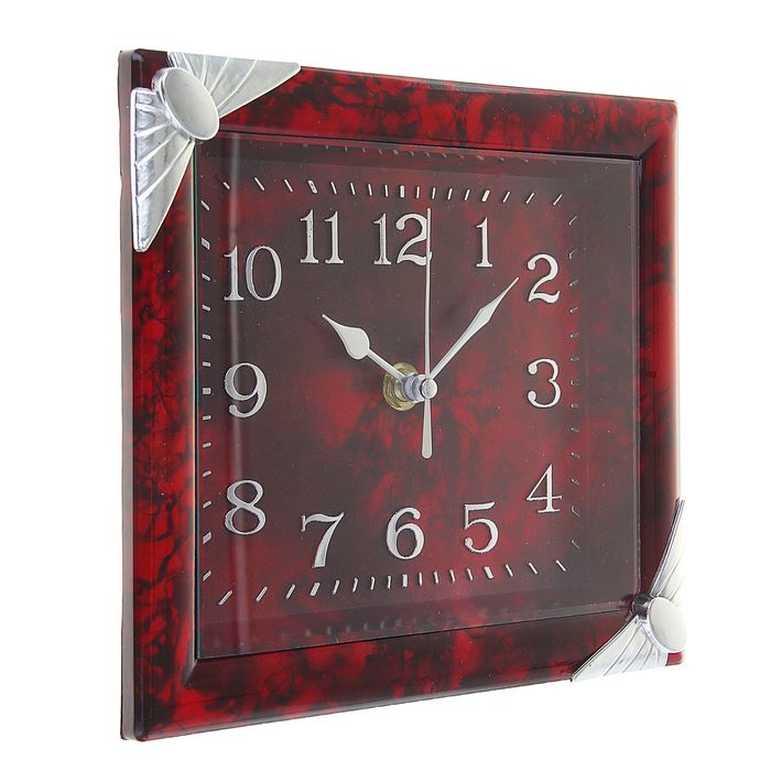 Часы настенные прямоугольные "Дженна", углы-бантики хром, рама и циферблат бордовые