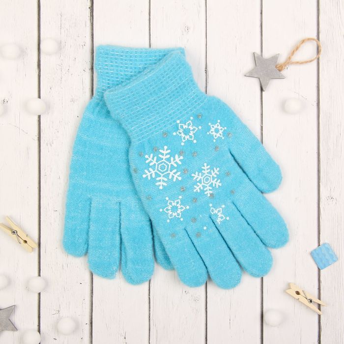 Перчатки с шерстью молодёжные Collorista "Снежинки", размер 20 (р-р произв. 20), цвет голубой