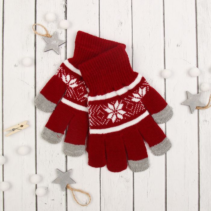 Перчатки с шерстью молодёжные Collorista "Зимний узор", размер 18 (р-р произв. 20), цвет бордовый