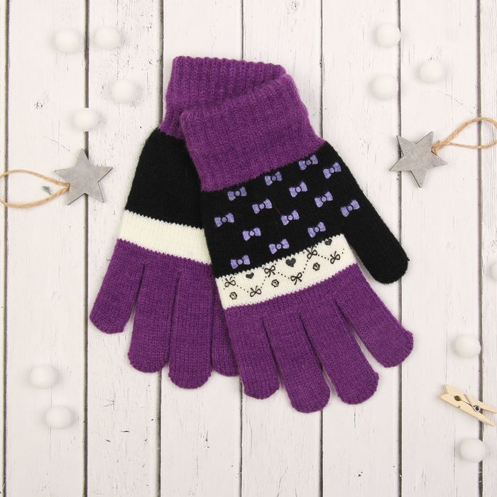 Перчатки с шерстью молодёжные Collorista "Бантики", размер 20 (р-р произв. 20), цвет фиолетовый