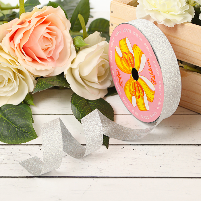 Лента упаковочная "Алмазная крошка", 1,8 см х 36,5 м , цвет серебристый