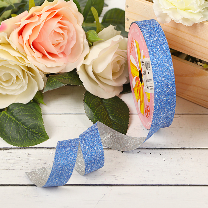 Лента упаковочная "Алмазная крошка", 1,8 см х 36,5 м, цвет синий