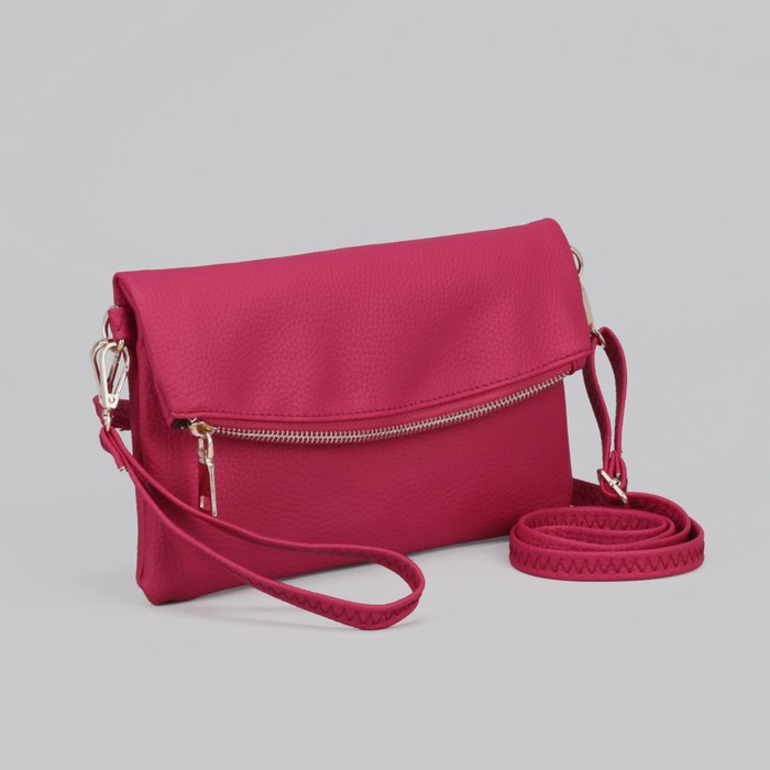 Клатч женский на молнии, 3 отдела, длинный ремень, с ручкой, цвет малиновый