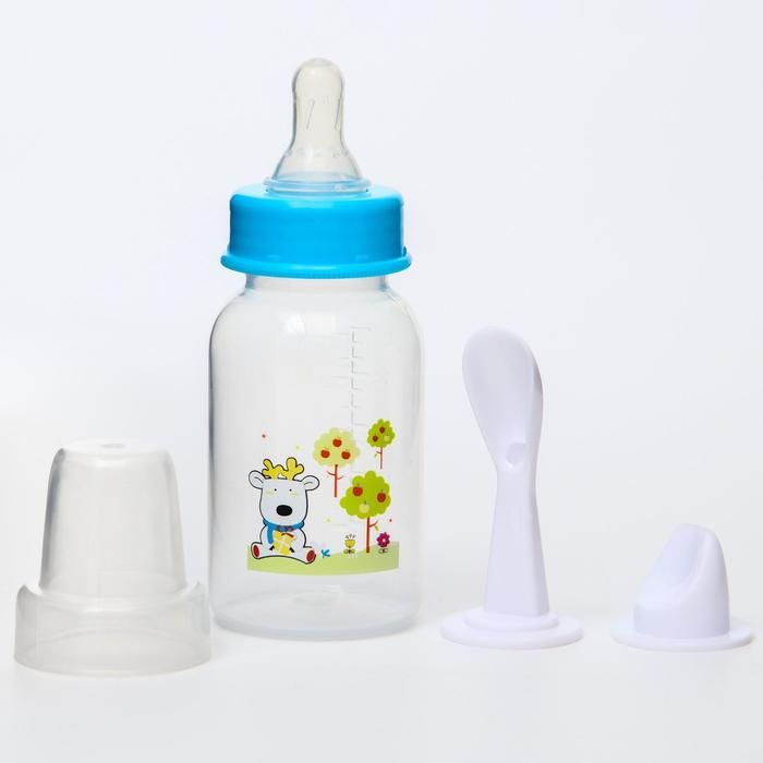 Бутылочка для кормления 3 в 1, в комплекте ложка и носик-поильник, 125 мл, от 0 мес., цвета МИКС