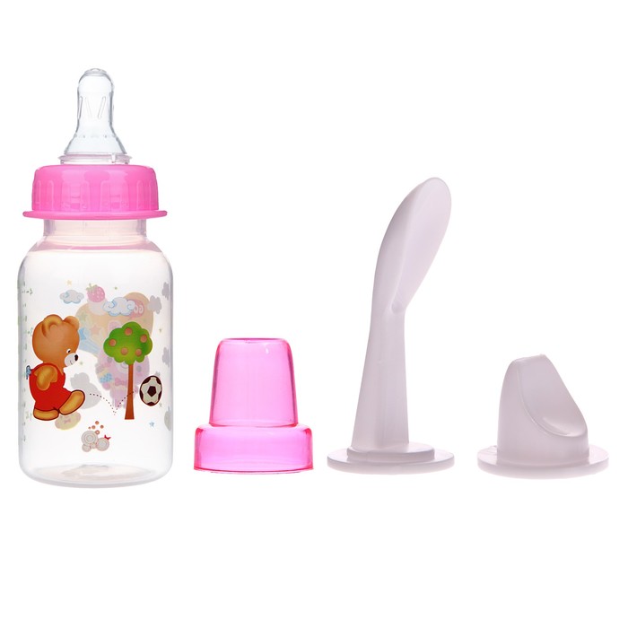 Бутылочка для кормления 3 в 1, в комплекте ложка и носик-поильник, 125 мл, от 0 мес., цвета МИКС