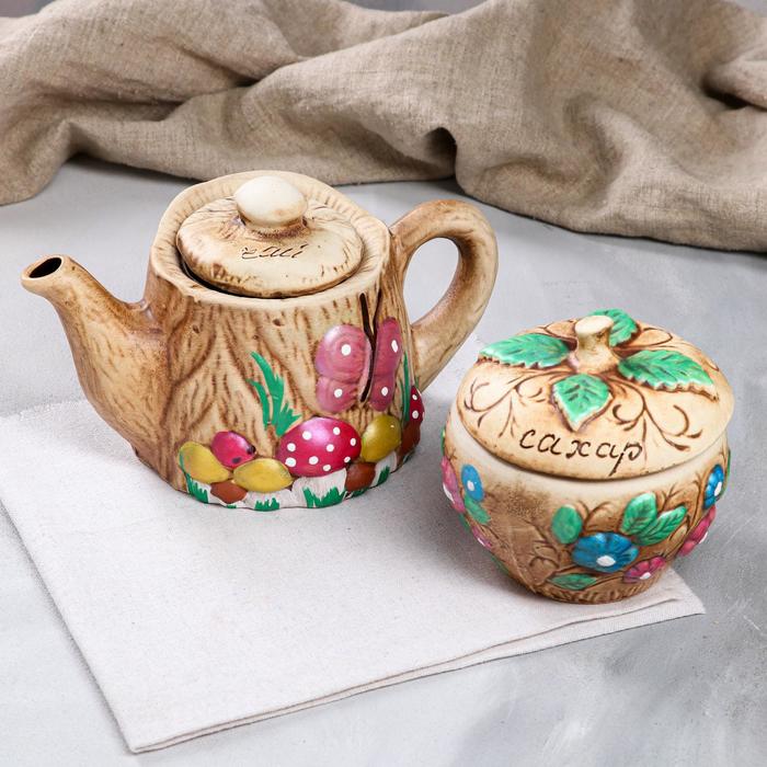фото Чайный набор "пенек с яблоком" чайник+сахарница, 1 л/ 0,6 л керамика ручной работы