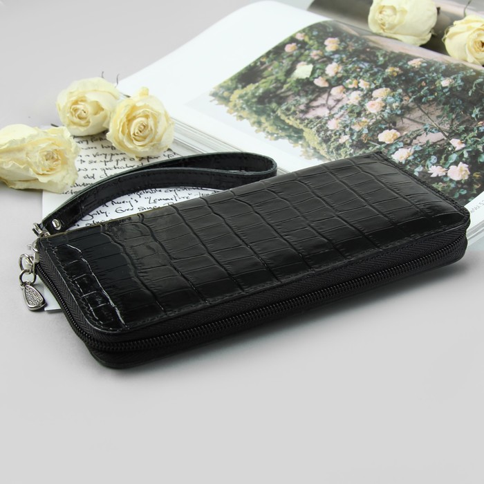 Кошелёк женский на молнии, 3 отдела, отдел для монет, чёрный крокодил