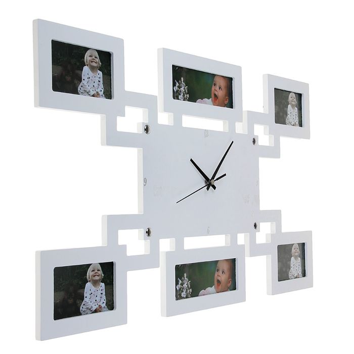 Часы настенные хайтек+6 фоторамок Жучок белые (фото 6х9,5-4шт 5х14,5-2шт) 35*60см без стекла